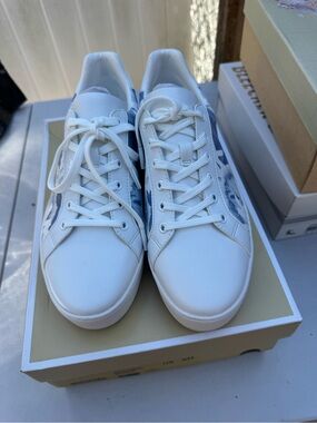 Michael Kors White Leather Sneakers with Blue Tie-Dye Side Panels